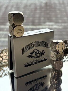 Harley Davidson Dice Set Solid Steel Compact Travel Case Six Sided Motorcycles